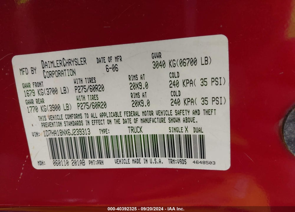 2006 DODGE RAM 1500 SLT VIN: 1D7HA18NX6J239313