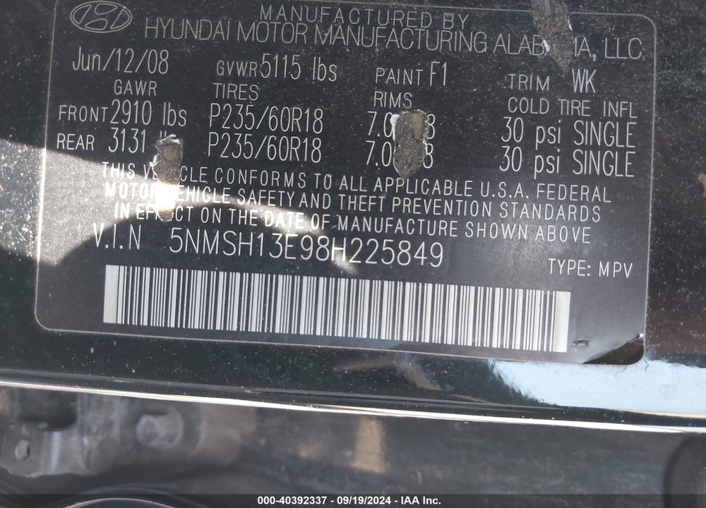2008 HYUNDAI SANTA FE LIMITED/SE VIN: 5NMSH13E98H225849
