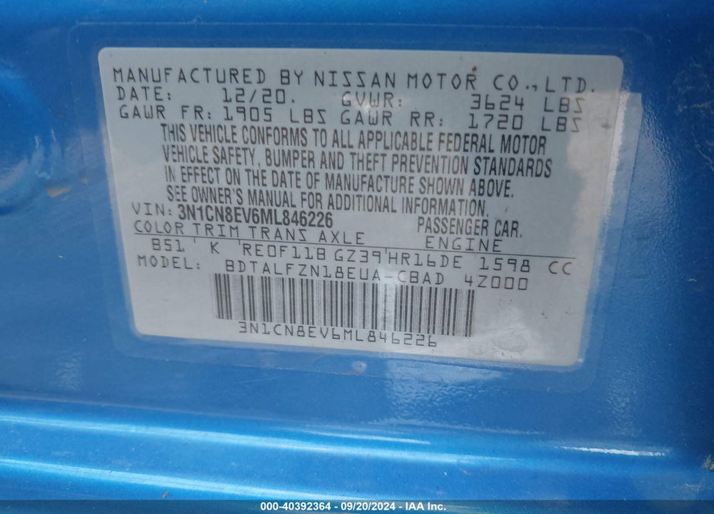 2021 NISSAN VERSA SV XTRONIC CVT VIN: 3N1CN8EV6ML846226