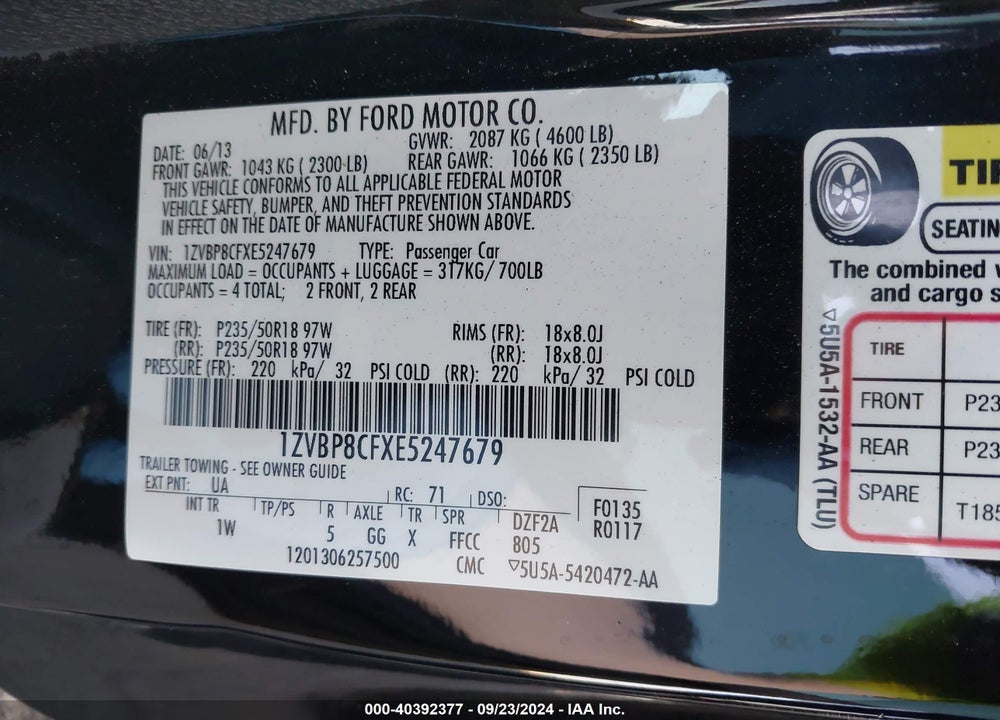 2014 FORD MUSTANG GT VIN: 1ZVBP8CFXE5247679