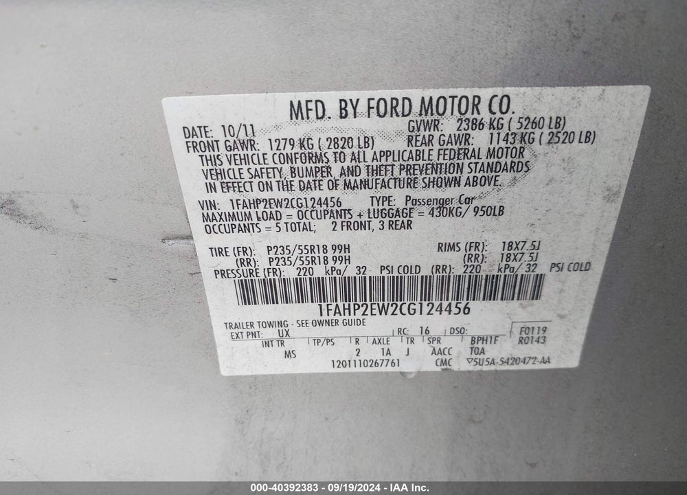 2012 FORD TAURUS SEL VIN: 1FAHP2EW2CG124456