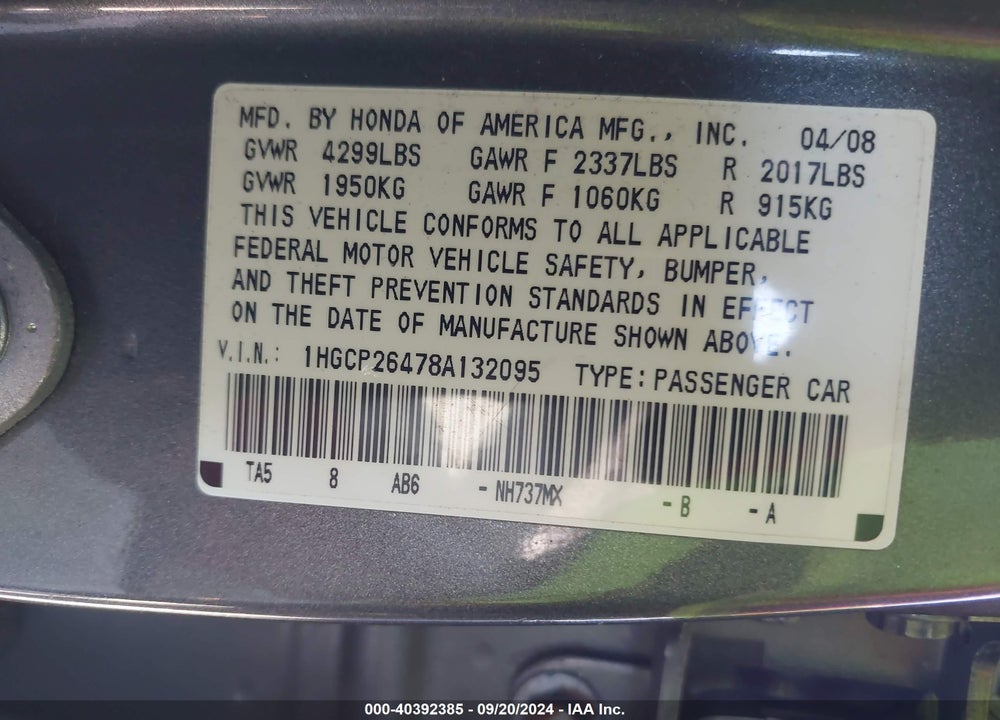 2008 HONDA ACCORD 2.4 LX-P VIN: 1HGCP26478A132095