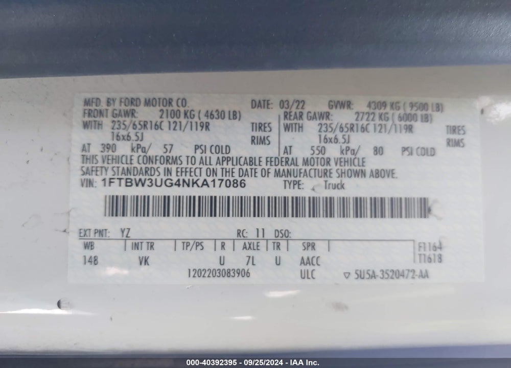 2022 FORD TRANSIT-350 CARGO VAN VIN: 1FTBW3UG4NKA17086