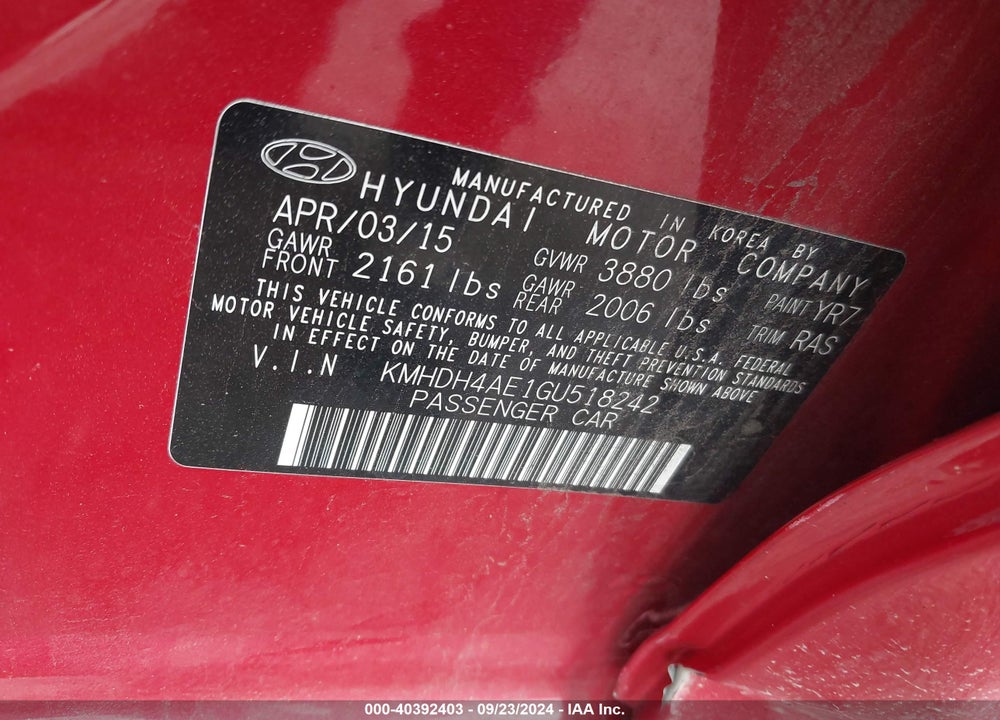 2016 HYUNDAI ELANTRA SE VIN: KMHDH4AE1GU518242