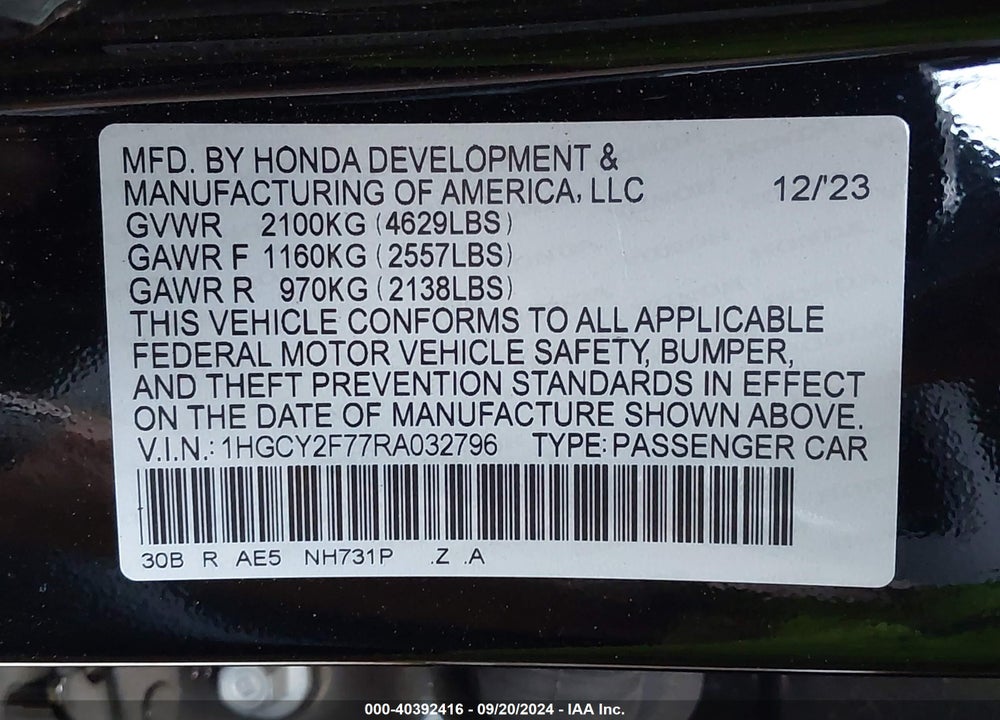 2024 HONDA ACCORD HYBRID SPORT-L VIN: 1HGCY2F77RA032796