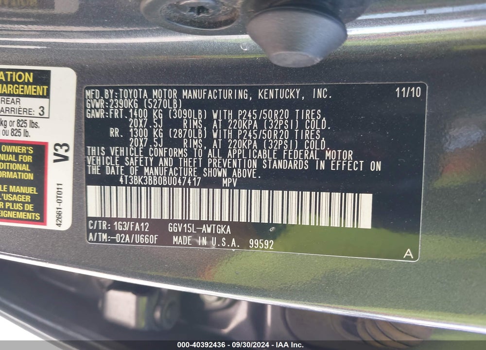 2011 TOYOTA VENZA BASE V6 VIN: 4T3BK3BB0BU047417