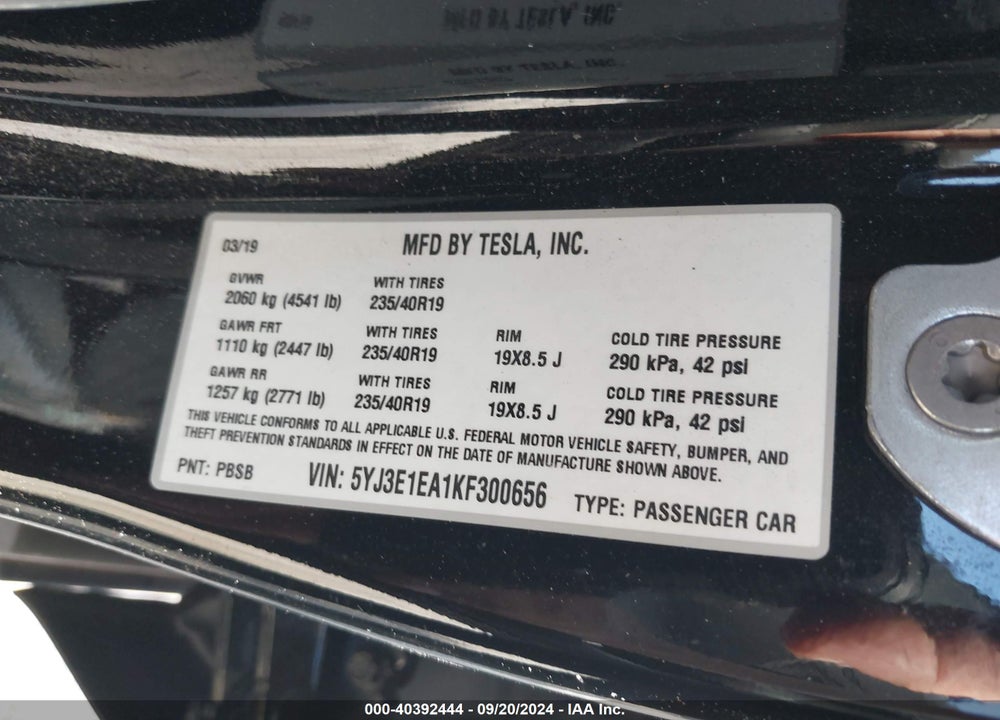 2019 TESLA MODEL 3 LONG RANGE/MID RANGE/STANDARD RANGE/STANDARD RANGE PLUS VIN: 5YJ3E1EA1KF300656