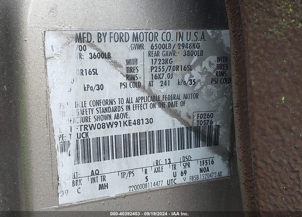 2001 FORD F-150 VIN: 1FTRW08W91KE48130