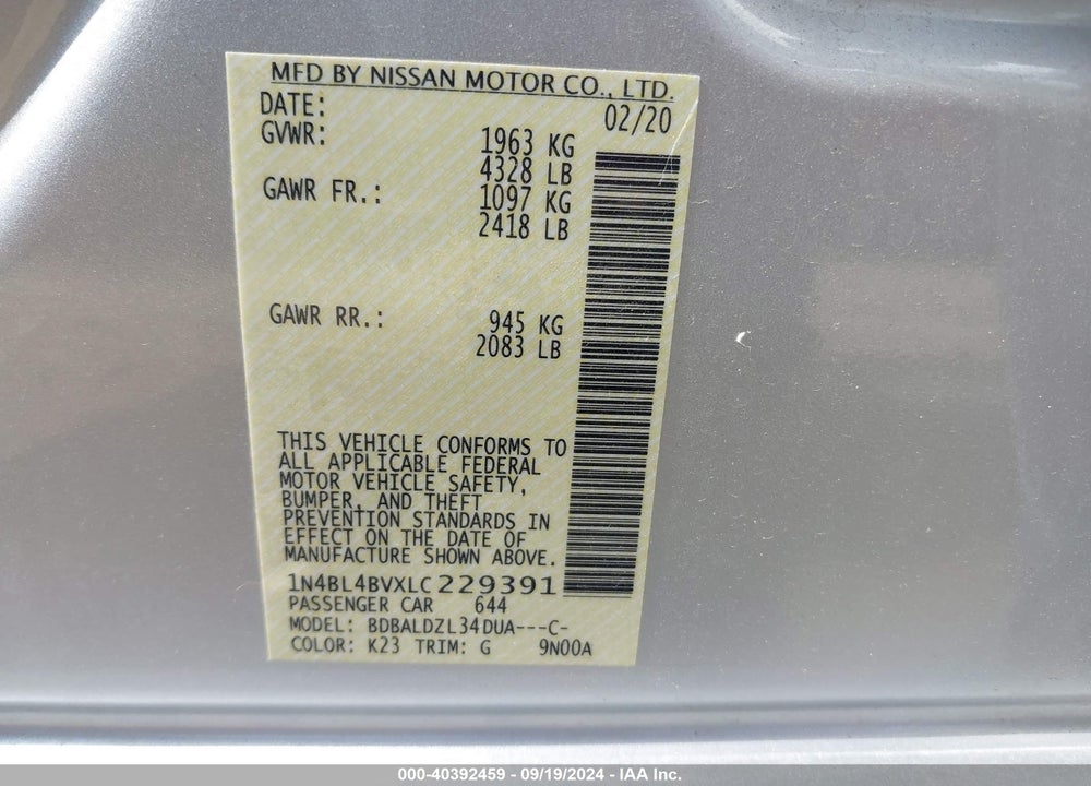 2020 NISSAN ALTIMA S FWD VIN: 1N4BL4BVXLC229391