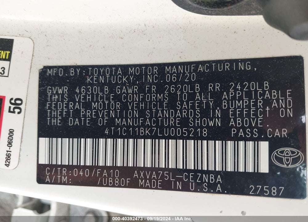 2020 TOYOTA CAMRY LE AWD VIN: 4T1C11BK7LU005218