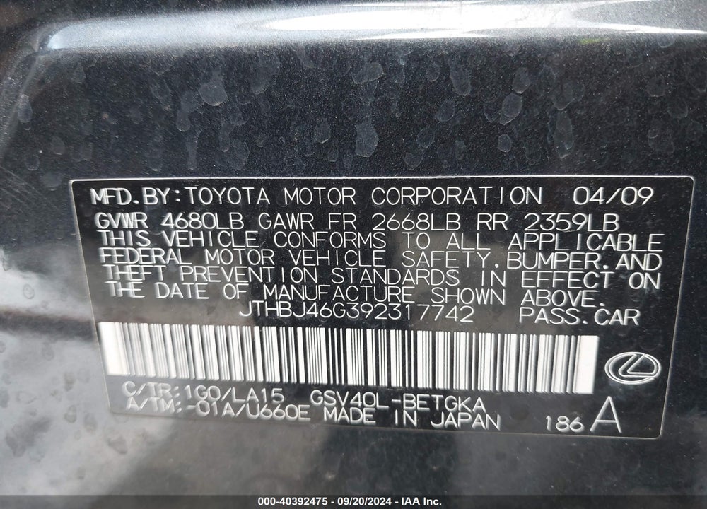 2009 LEXUS ES 350 VIN: JTHBJ46G392317742