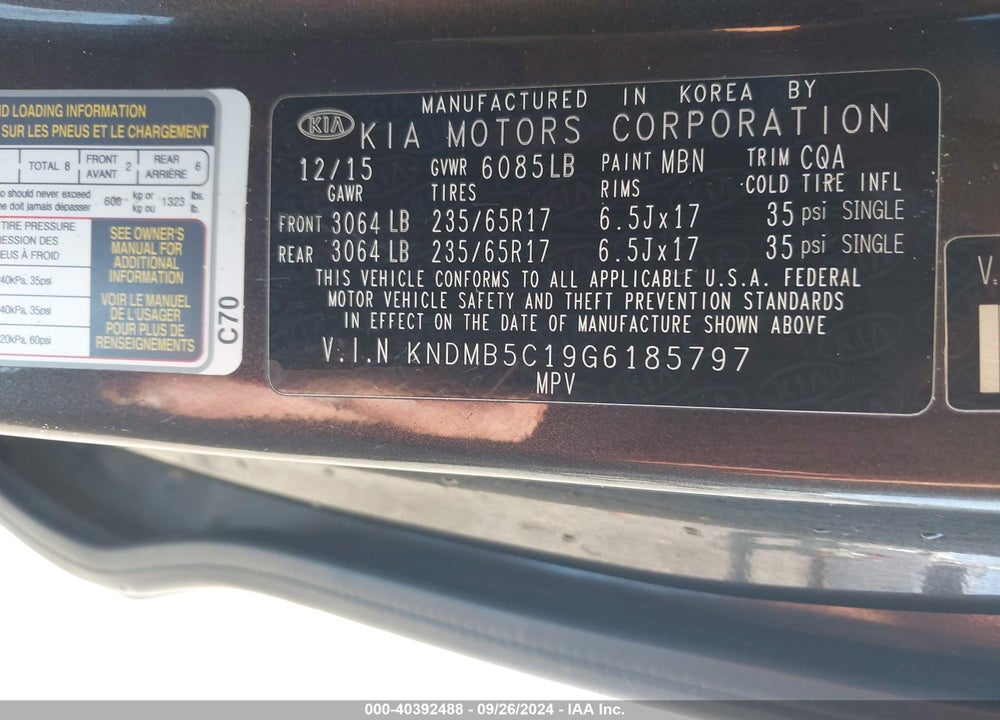 2016 KIA SEDONA LX VIN: KNDMB5C19G6185797