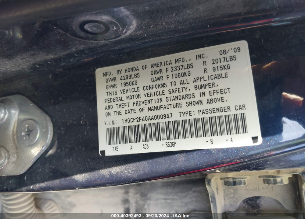 2010 HONDA ACCORD 2.4 LX-P VIN: 1HGCP2F40AA000947