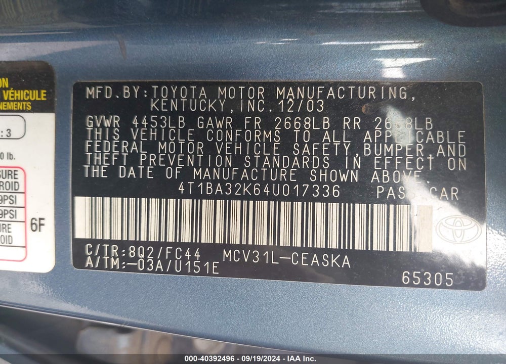 2004 TOYOTA CAMRY SE V6 VIN: 4T1BA32K64U017336