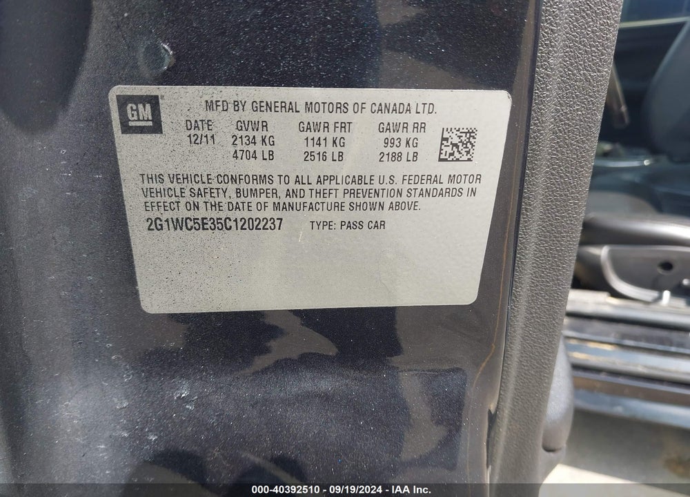 2012 CHEVROLET IMPALA LTZ VIN: 2G1WC5E35C1202237