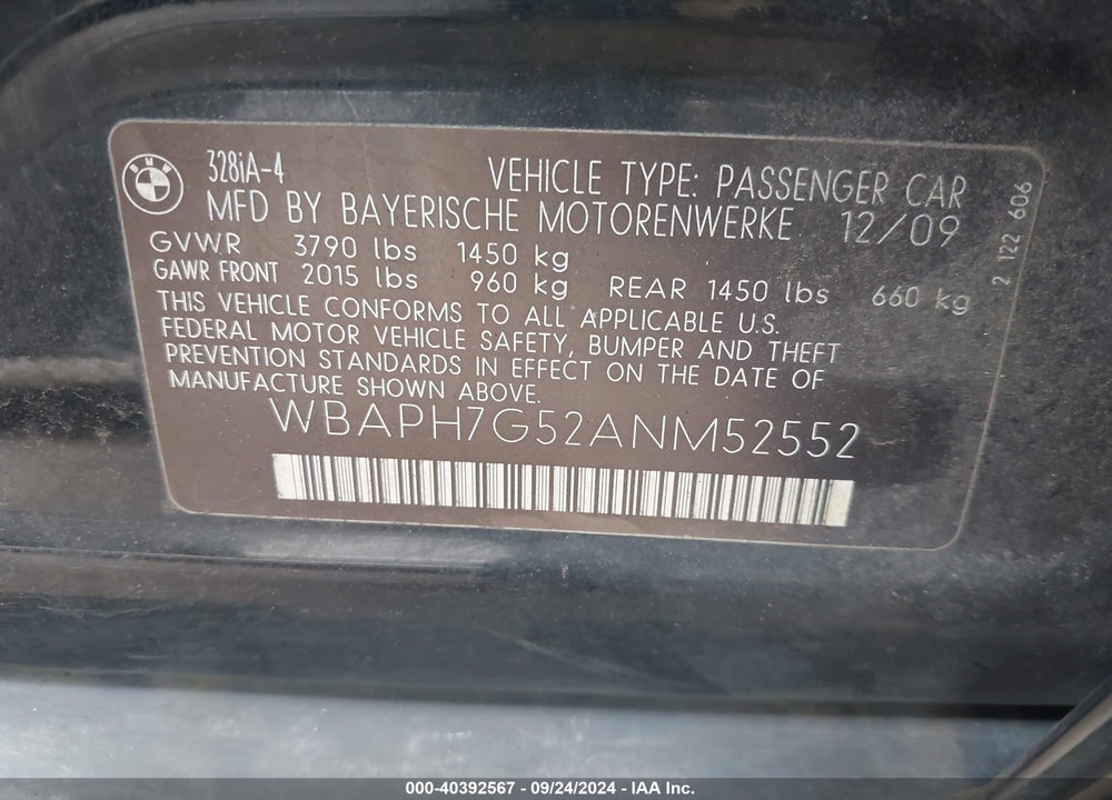 2010 BMW 328I VIN: WBAPH7G52ANM52552