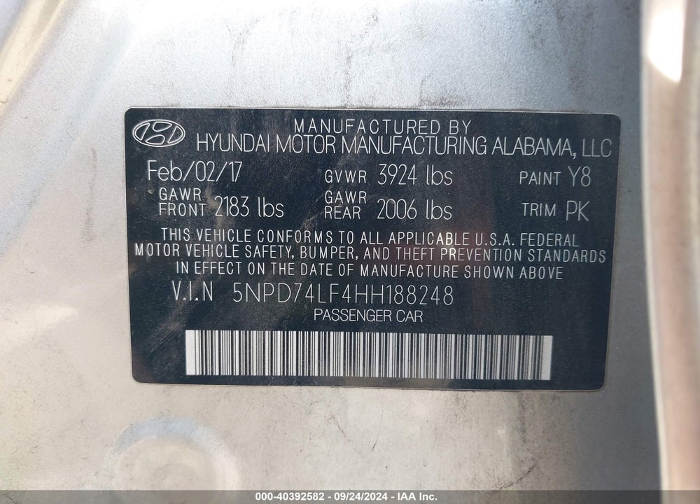 2017 HYUNDAI ELANTRA SE VIN: 5NPD74LF4HH188248