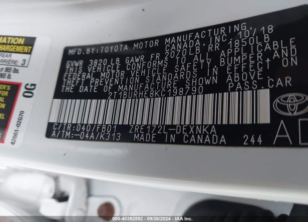 2019 TOYOTA COROLLA LE VIN: 2T1BURHE8KC198790