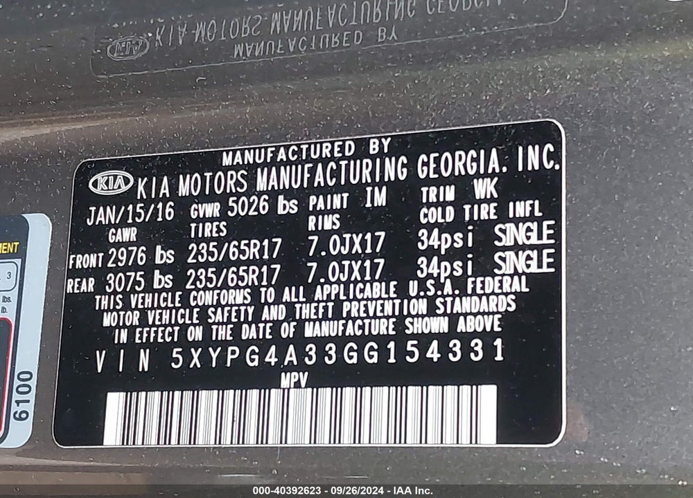 2016 KIA SORENTO 2.4L LX VIN: 5XYPG4A33GG154331