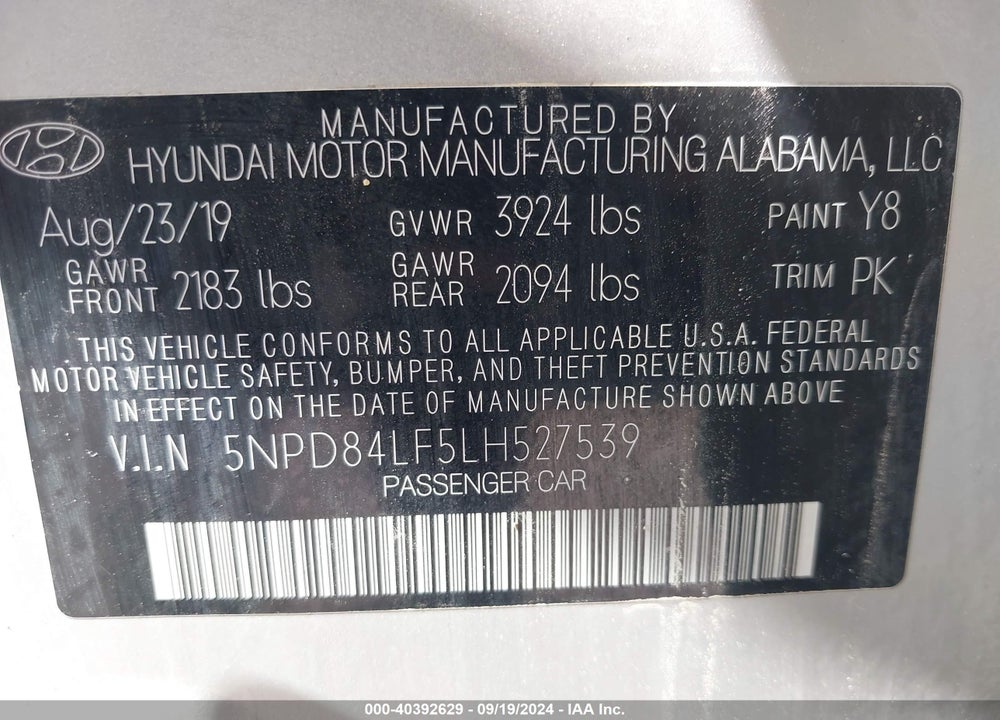 2020 HYUNDAI ELANTRA SEL VIN: 5NPD84LF5LH527539