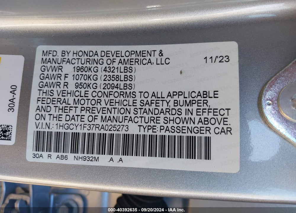 2024 HONDA ACCORD EX VIN: 1HGCY1F37RA025273