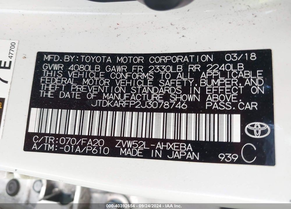 2018 TOYOTA PRIUS PRIME PLUS VIN: JTDKARFP2J3078746