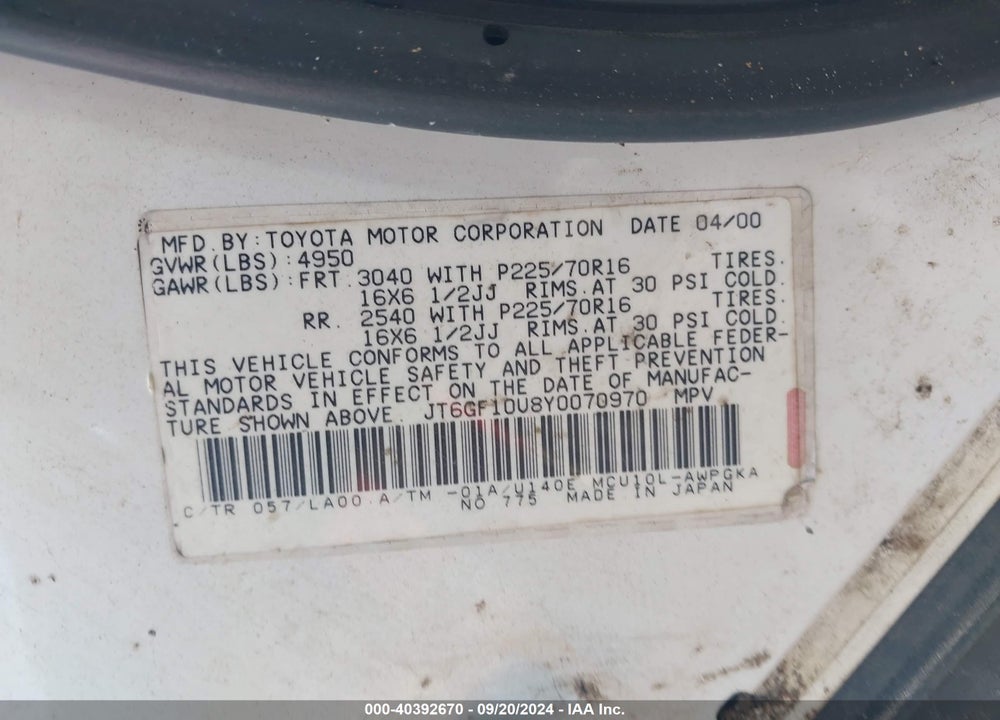 2000 LEXUS RX 300 VIN: JT6GF10U8Y0070970