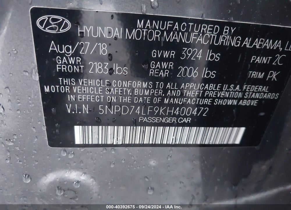 2019 HYUNDAI ELANTRA SE VIN: 5NPD74LF9KH400472