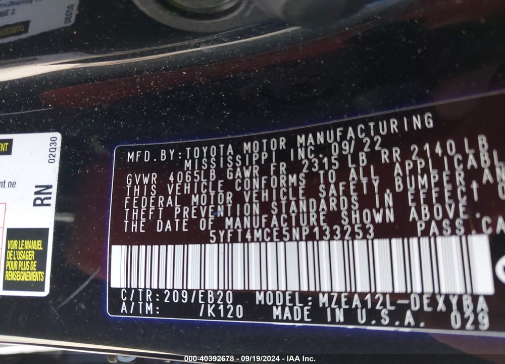 2022 TOYOTA COROLLA XSE VIN: 5YFT4MCE5NP133253