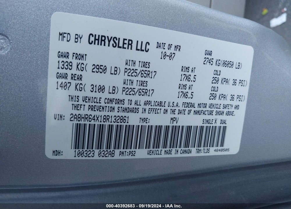 2008 CHRYSLER TOWN & COUNTRY LIMITED VIN: 2A8HR64X18R132861