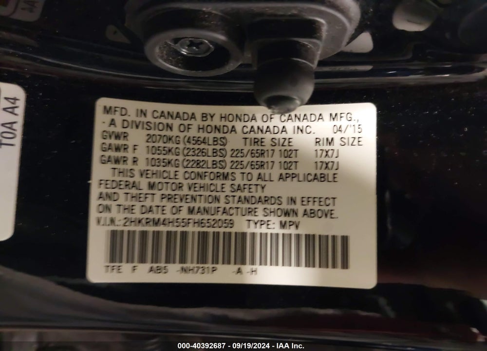 2015 HONDA CR-V EX VIN: 2HKRM4H55FH652059