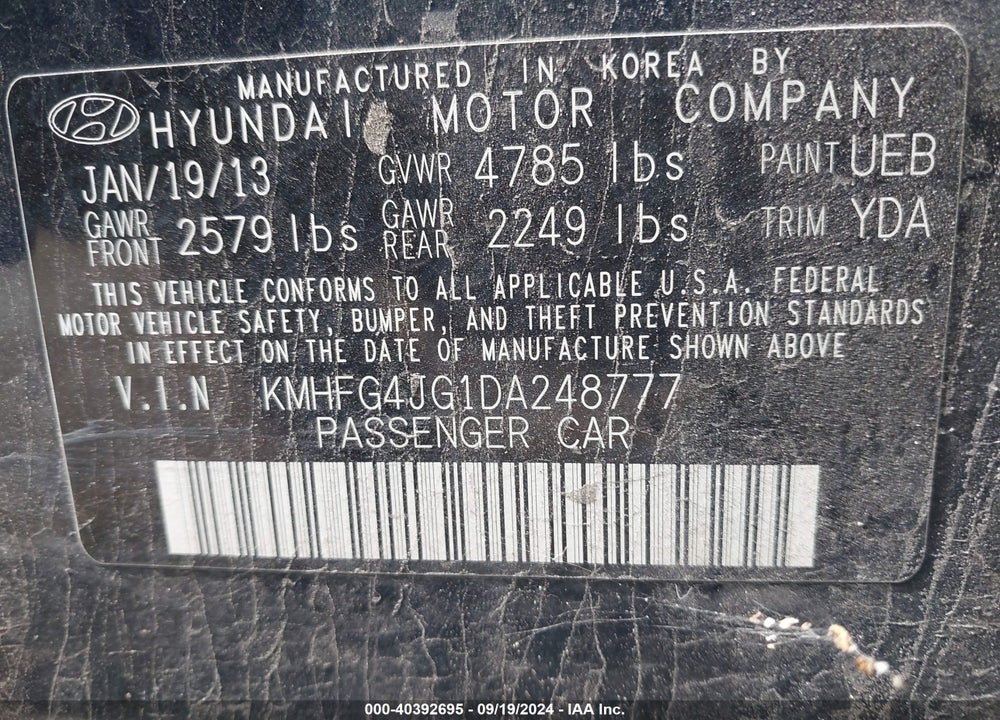 2013 HYUNDAI AZERA VIN: KMHFG4JG1DA248777
