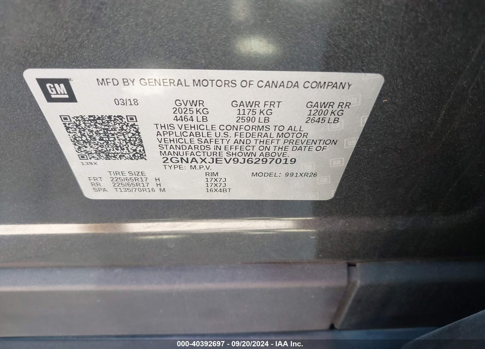 2018 CHEVROLET EQUINOX LT VIN: 2GNAXJEV9J6297019