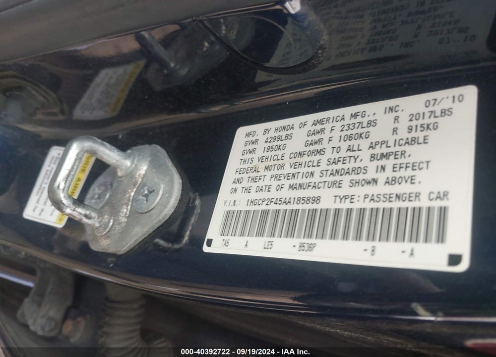 2010 HONDA ACCORD VIN: 1HGCP2F45AA185898