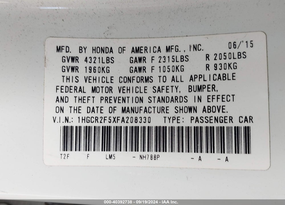 2015 HONDA ACCORD SPORT VIN: 1HGCR2F5XFA208330