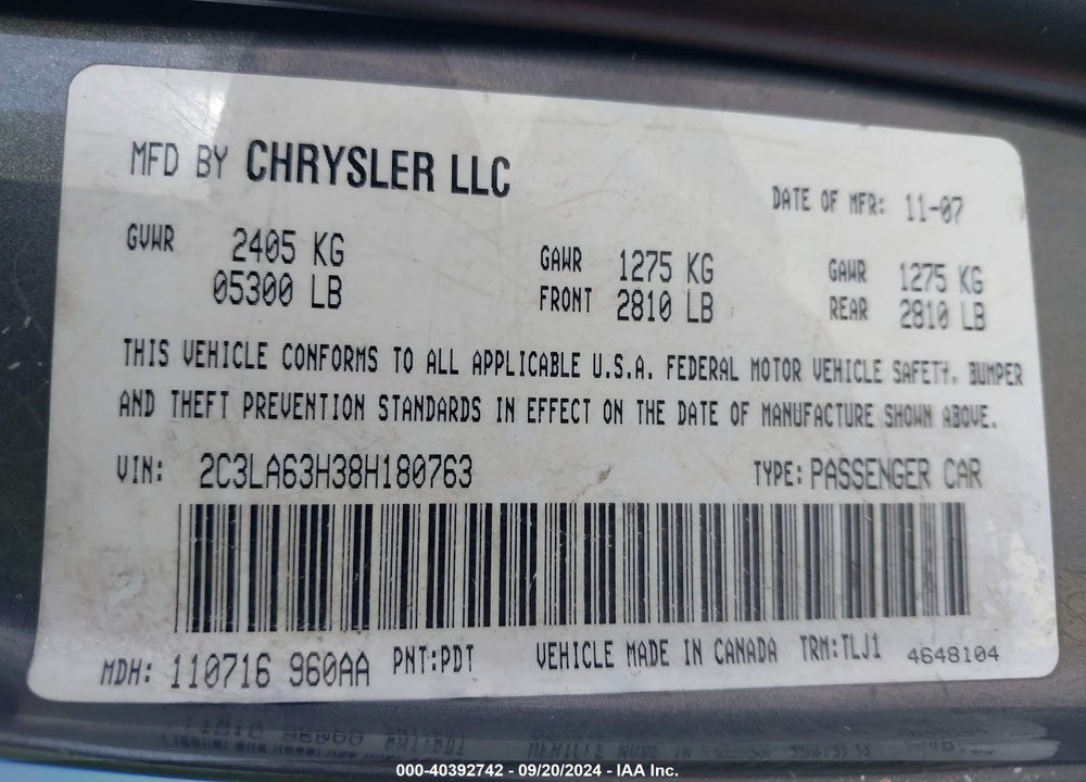 2008 CHRYSLER 300C HEMI VIN: 2C3LA63H38H180763