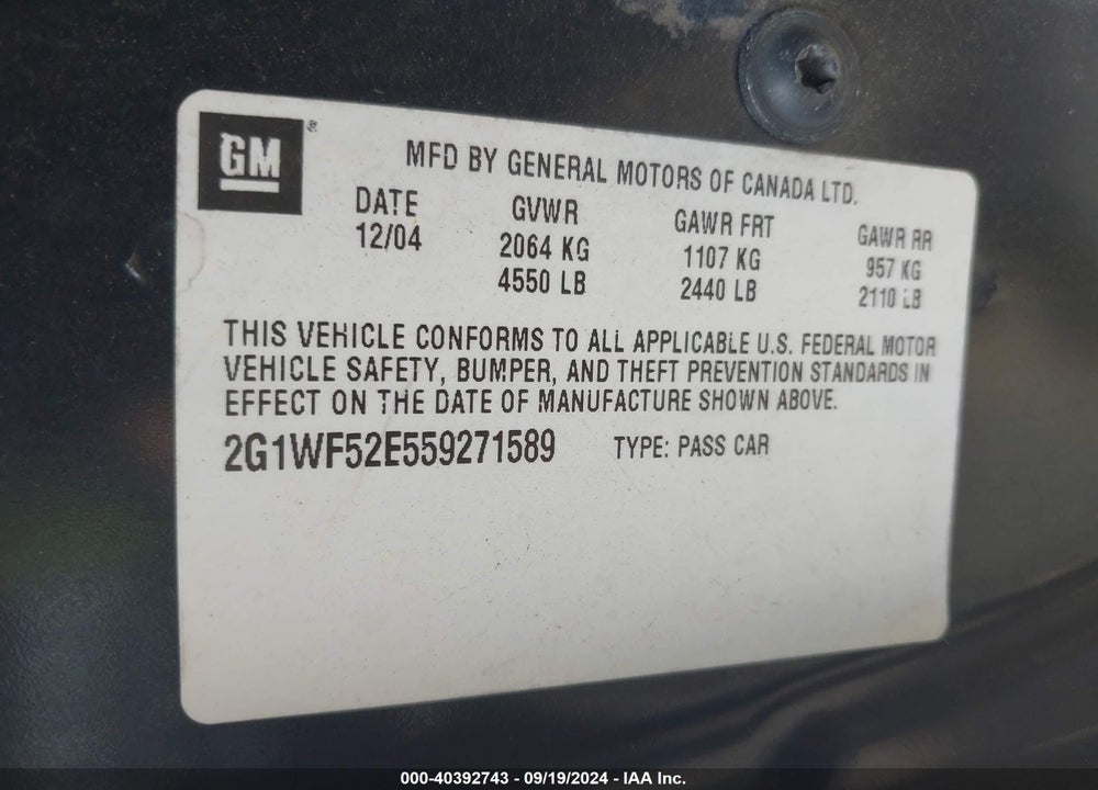 2005 CHEVROLET IMPALA VIN: 2G1WF52E559271589