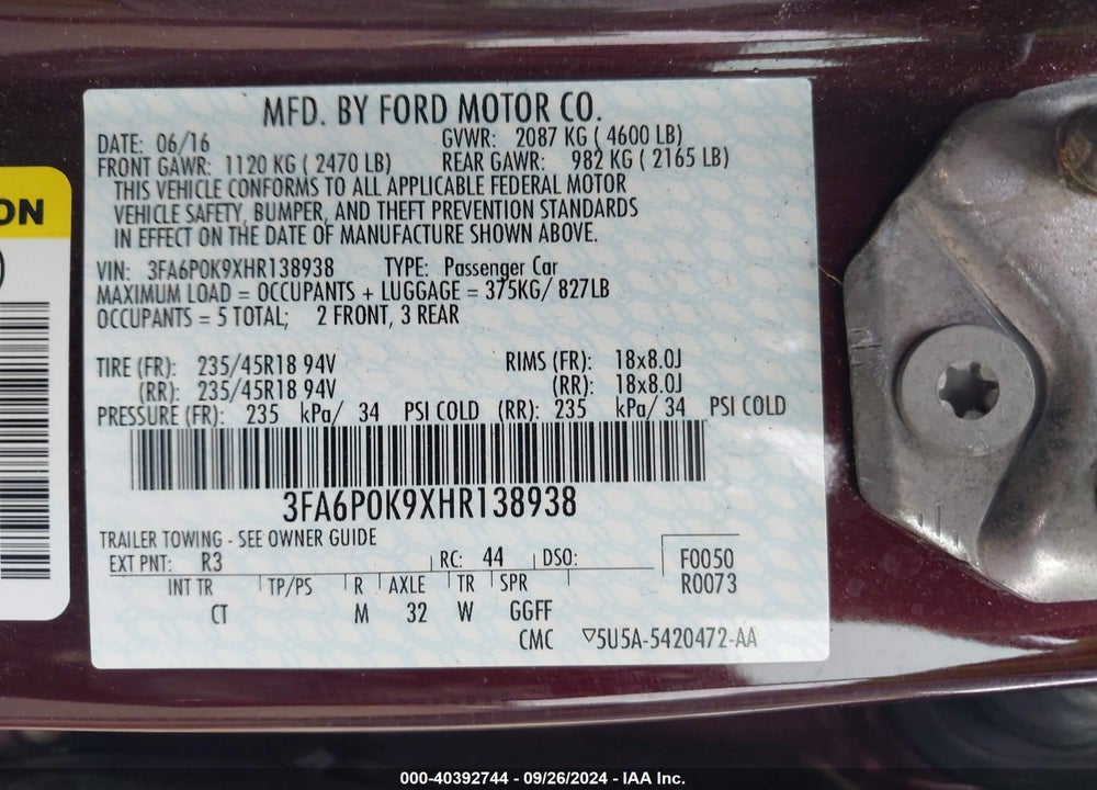 2017 FORD FUSION TITANIUM VIN: 3FA6P0K9XHR138938