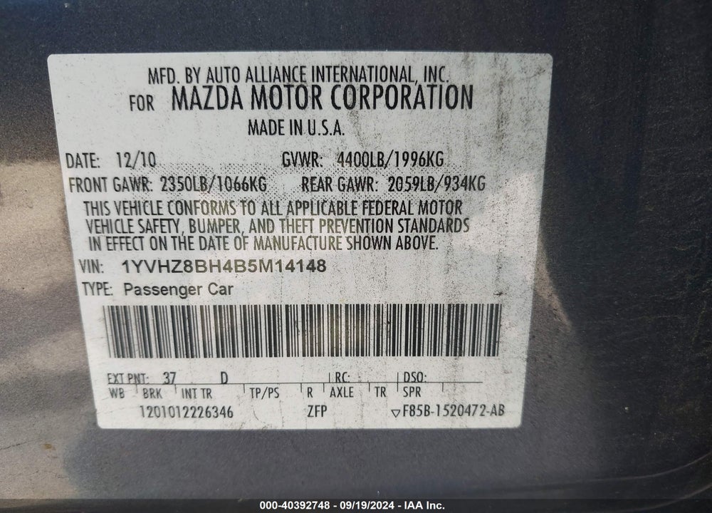2011 MAZDA 6 I SPORT VIN: 1YVHZ8BH4B5M14148