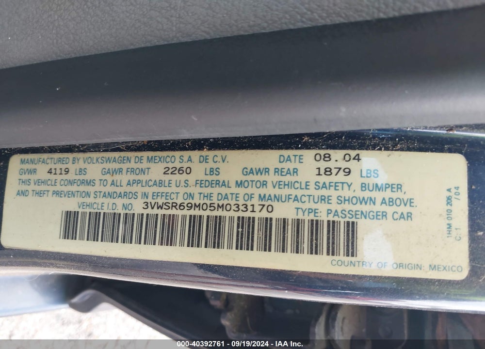 2005 VOLKSWAGEN JETTA GLS TDI VIN: 3VWSR69M05M033170