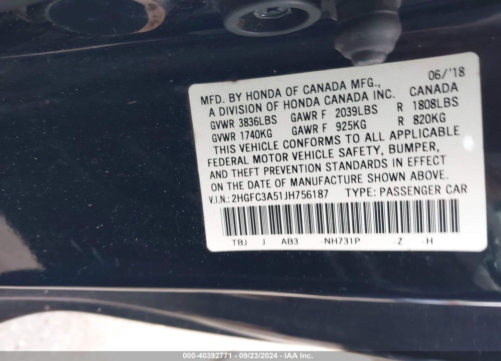 2018 HONDA CIVIC SI VIN: 2HGFC3A51JH756187