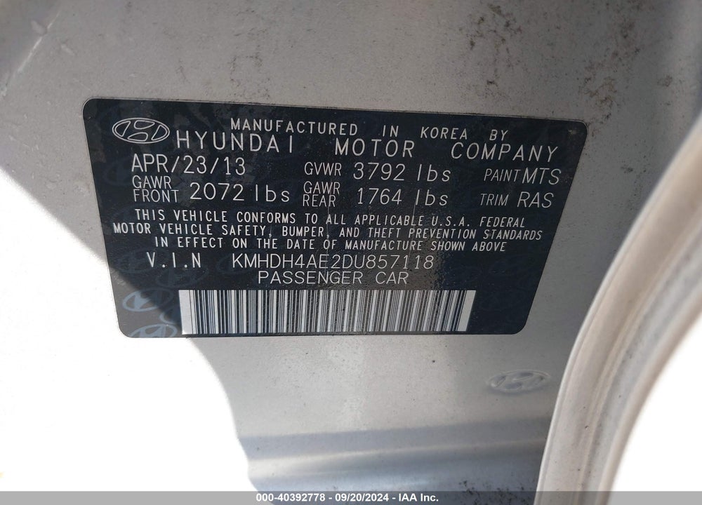 2013 HYUNDAI ELANTRA GLS VIN: KMHDH4AE2DU857118