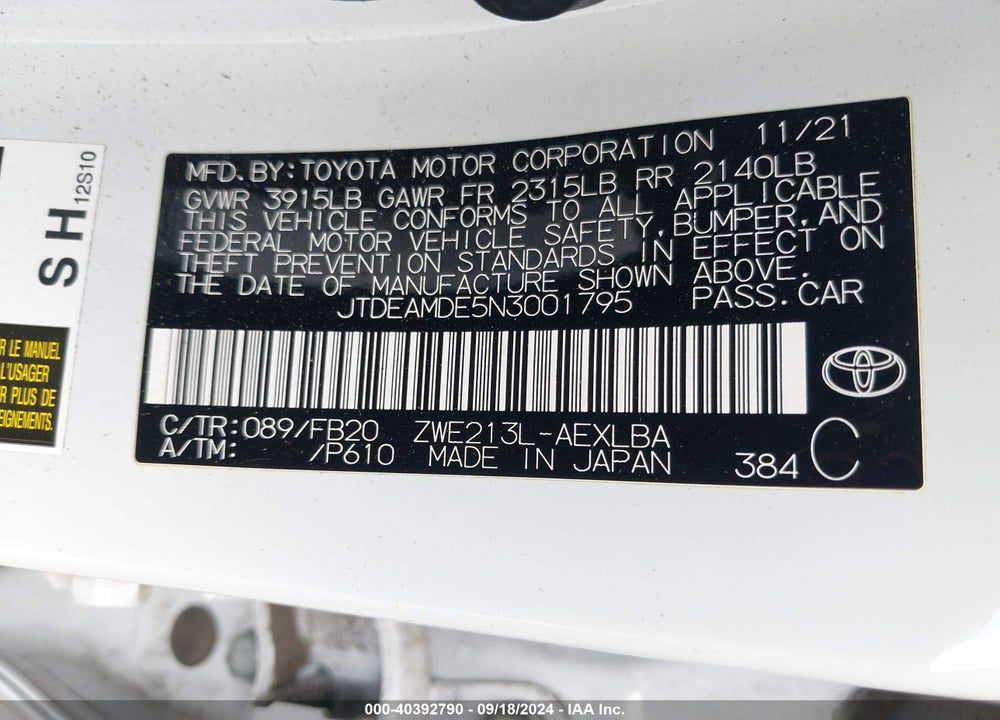 2022 TOYOTA COROLLA VIN: JTDEAMDE5N3001795