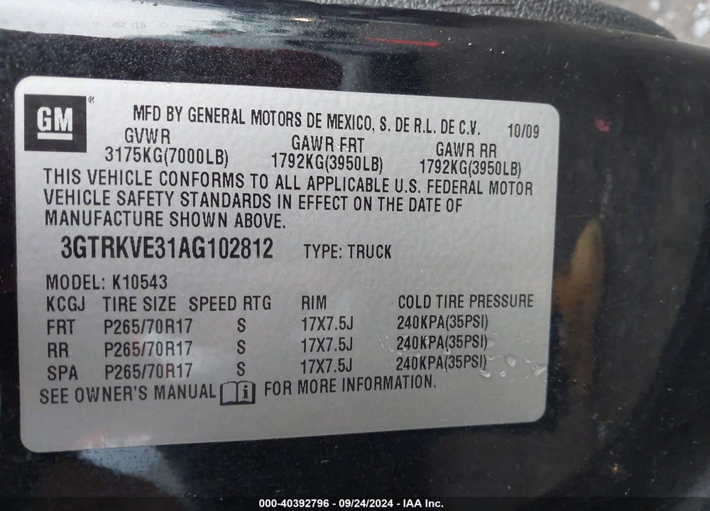 2010 GMC SIERRA 1500 SLE VIN: 3GTRKVE31AG102812