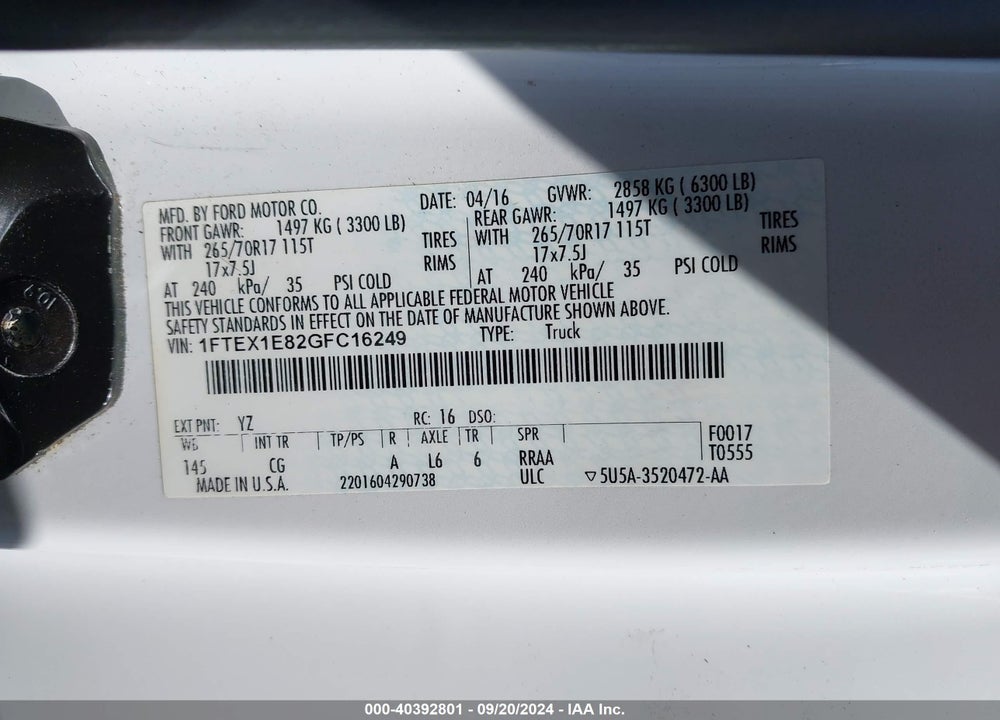 2016 FORD F-150 XL VIN: 1FTEX1E82GFC16249