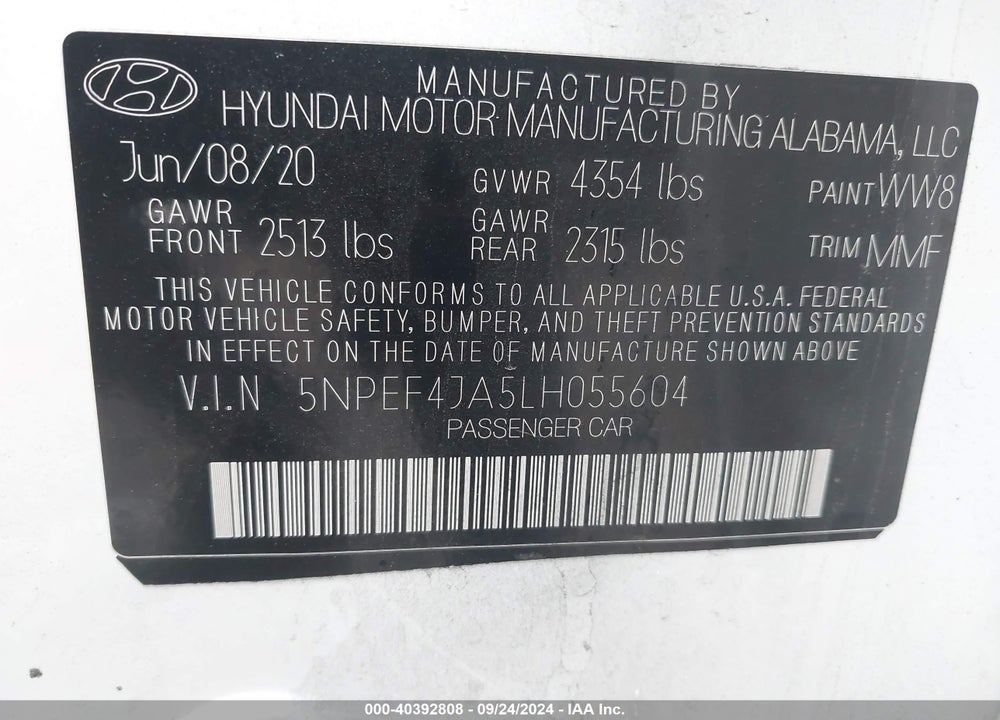 2020 HYUNDAI SONATA VIN: 5NPEF4JA5LH055604