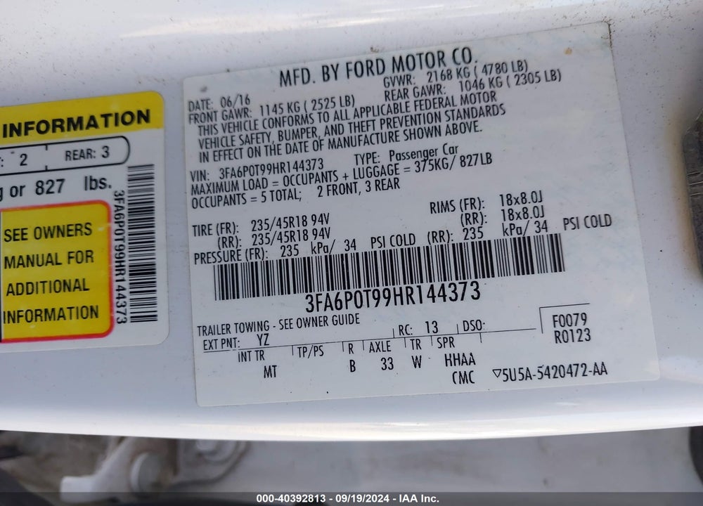 2017 FORD FUSION SE VIN: 3FA6P0T99HR144373