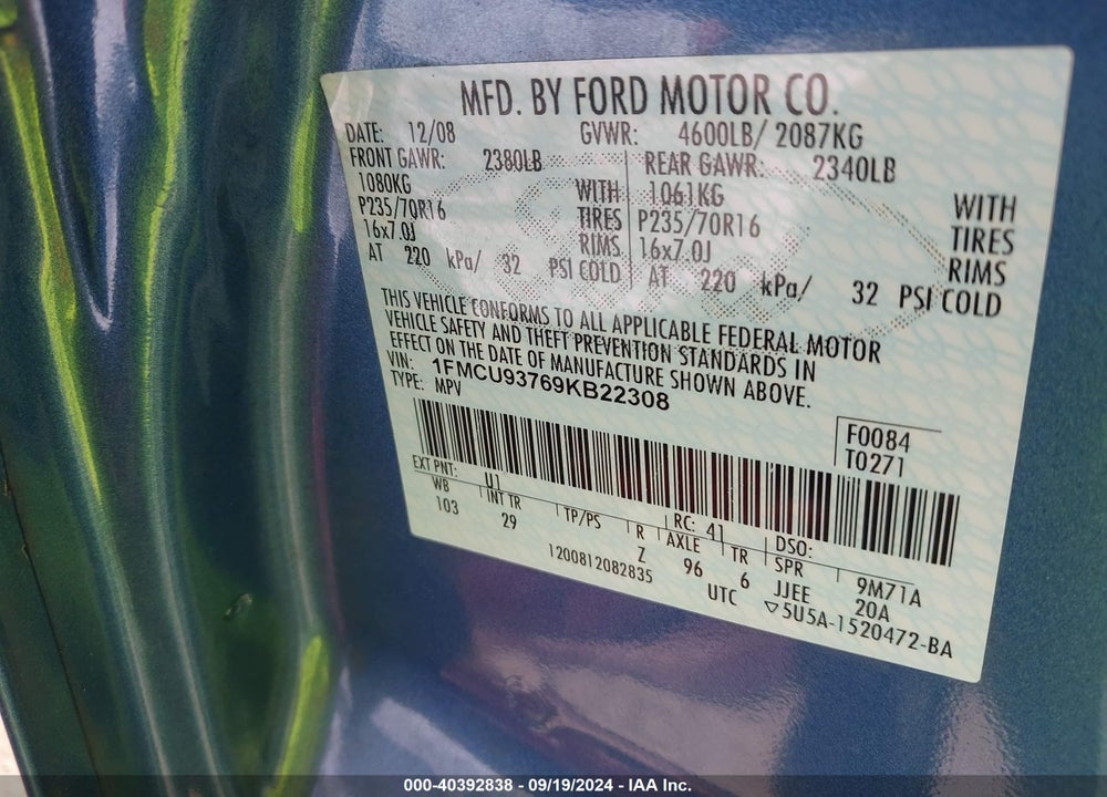 2009 FORD ESCAPE XLT VIN: 1FMCU93769KB22308