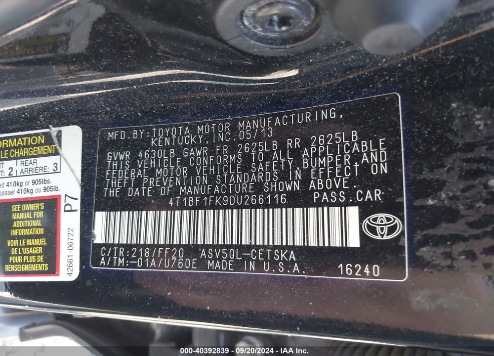 2013 TOYOTA CAMRY SE VIN: 4T1BF1FK9DU266116