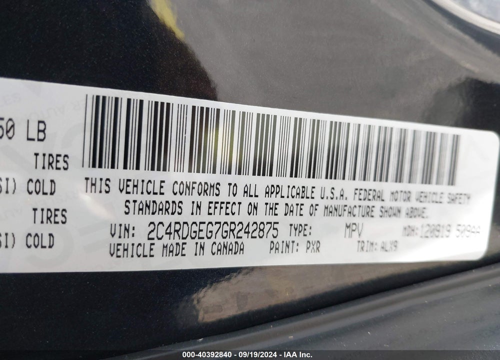 2016 DODGE GRAND CARAVAN R/T VIN: 2C4RDGEG7GR242875
